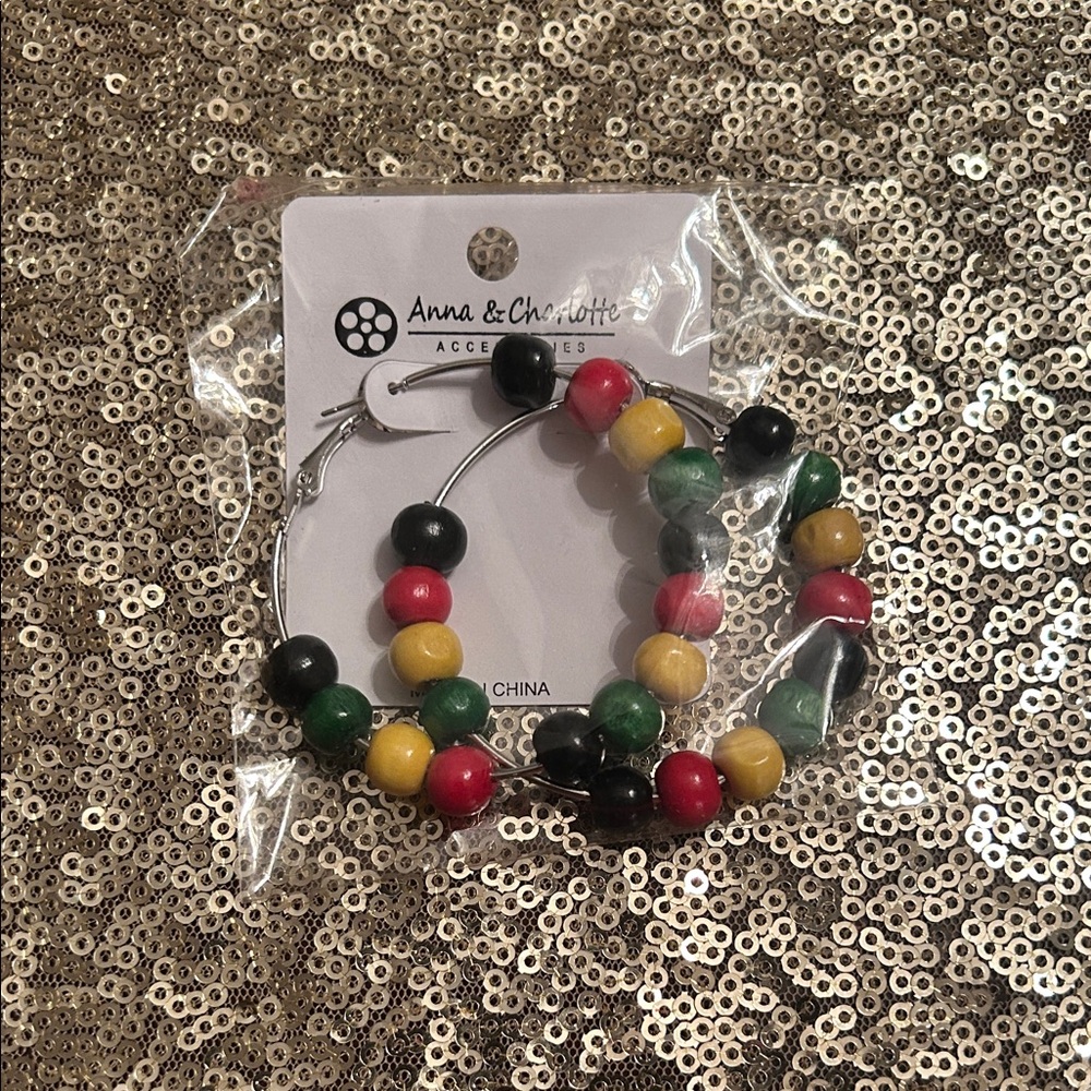 Multicolor Beaded Hoop Earrings - Red, Yellow, Green, Black
